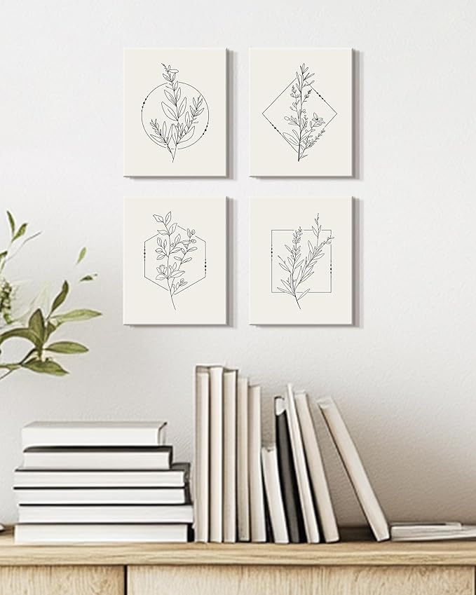 Drsoum Botanical Flower Boho Framed Wall Art Wooded Minimalist Aesthetic Floral Prints Farmhouse Retro Plants Rustic Bathroom Kitchen Home Decor Ready to Hang 8x10inx4pcs (Framed)