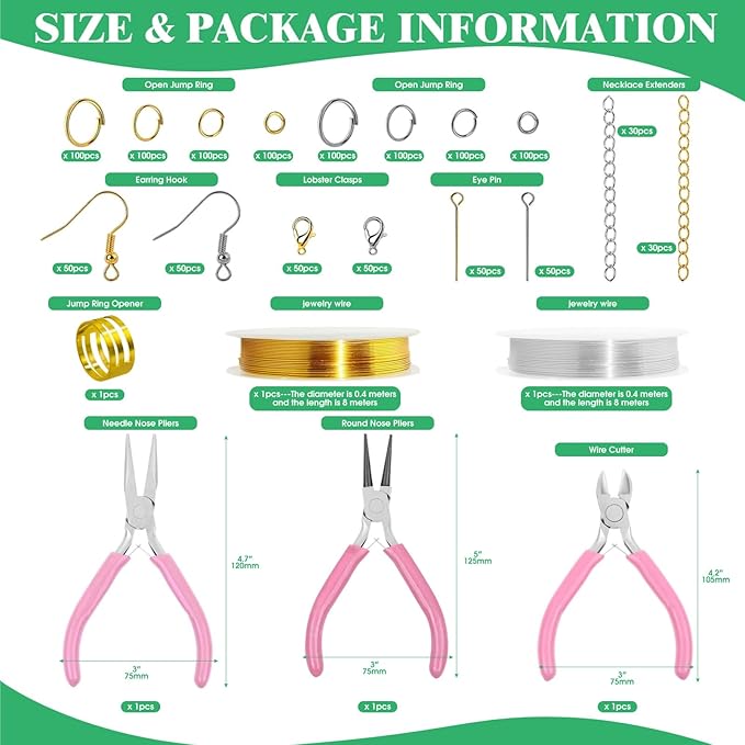 Yauhar 1166Pcs Jewelry Making Supplies Kit Contains Silver & Gold Earring Findings, Lobster Claw Clasps, Necklace Extender Chain, Beading Wire and Jewelry Pliers for DIY and Repair