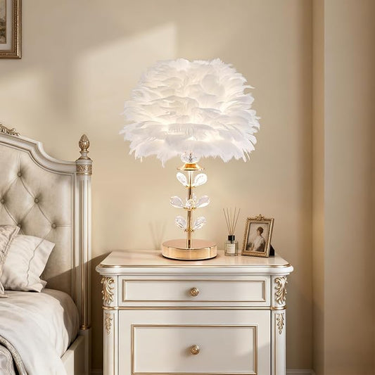 Chic White Feather Lamp Creative Fluffy Table Lamp Cute Kids Bedside Lamp Modern Feather Desk Light for Teen Girls Bedroom Living Room Entryway Study Room Wedding Deco