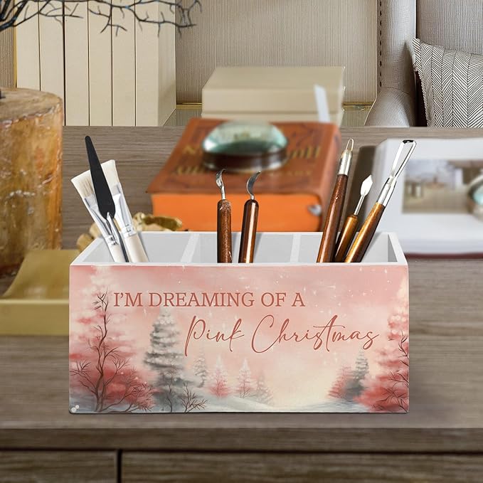 Pink Winter Christmas Pen Pencil Holder Organizer for Desk Accessories, Rustic Xmas Winter Pine Tree Landscape Wooden Box Sign Desk Decor for Home Office Decoration, Pink Christmas Decor