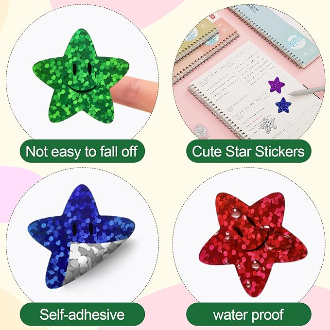2000 Pcs Smiley Face Star Stickers for Kids, 8 Color Sparkly Foil Stars for Rewards, Self-Adhesive Glitter Stickers for Student Planners, Classroom Supplies & Behavior Incentive (4 Rolls)
