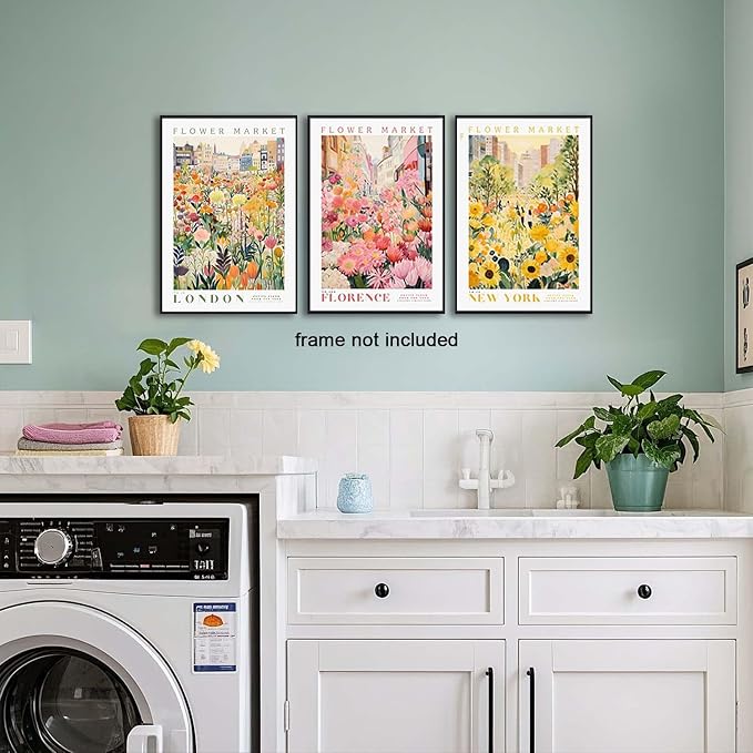 XLARTMY Flower Market Wall Art Print Canvas Yellow Pink Floral Paintings Colorful Botanical Sunflower Artwork Travel Poster for Decor Picture 3 pieces for Living Room Bedroom Bathroom 16x24in Unframed