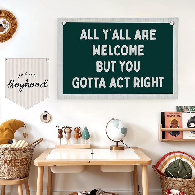 Lacama Vintage Classroom Wall College Dorm Decor, All Y'all Are Welcome But You Gotta Act Right Banner, Retro Wall Hanging Banner Pennant Flag for Bedroom Kids Room Playroom Decor, 30x20 Inch