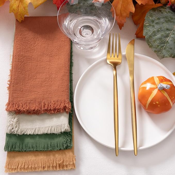 12 Pack Mixed Thanksgiving Color Cotton Linen Napkins with Fringe Fall Napkins Cloth Set of 12 Boho Napkins Handmade Dinner Napkins Bulk for Wedding Thanksgiving Dining Table, 17 x 17