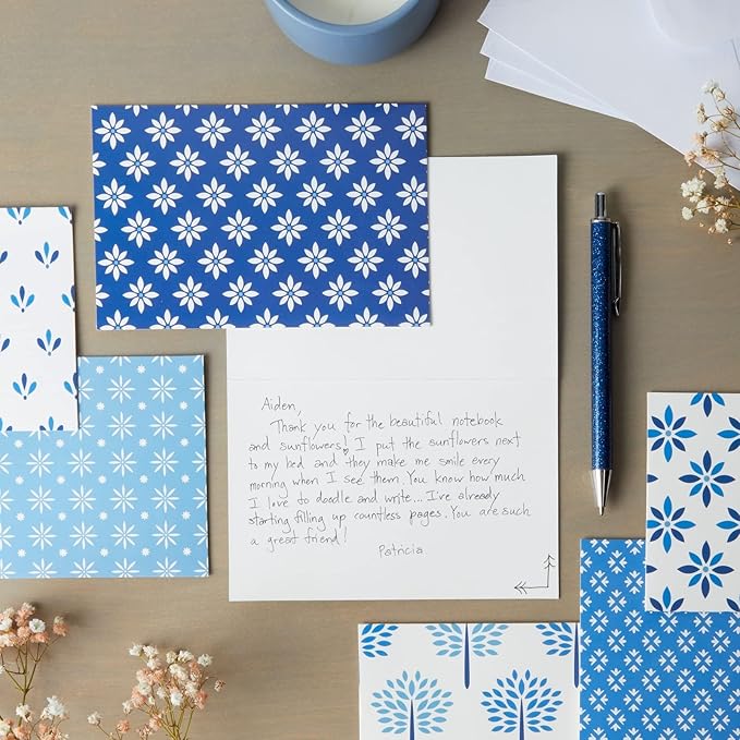 BEST PAPER GREETINGS 48 Pack Blue Stationery Notecards and Envelopes Set - 4x6-Inch All Occasion Thank You Notes for Birthdays, Business - 6 Floral Designs (Blank Inside) - Blank Cards And Envelopes