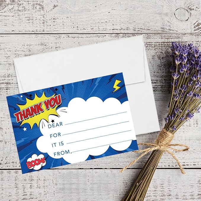 Andaz Press Kids Fill in the Blank Thank You Cards 20 Cards Including Envelopes Superhero Comic Theme Gender Neutral Note Cards For Boys Girls Birthday Thank You Notes for Friends Family Party Guests