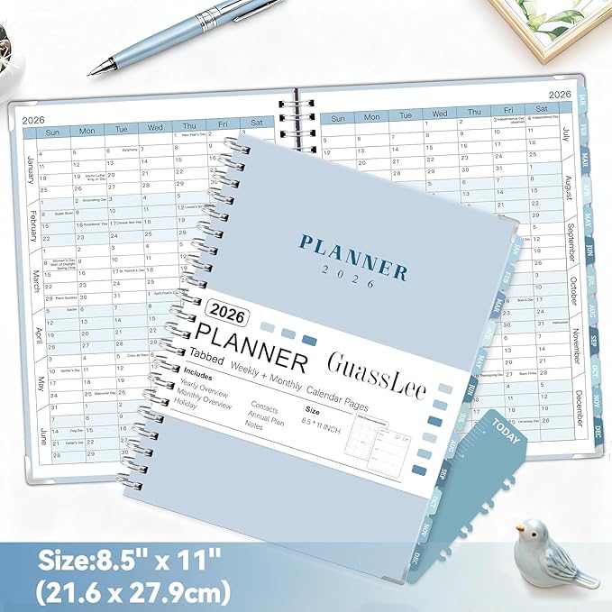 GuassLee Large 2026 Planner, Weekly and Monthly Planner from January 2026-December 2026, 8.5"x 11" Calendar Agenda Book with Back Pocket, Stickers for Home Office School Supplies, A4 Size, Sky Blue