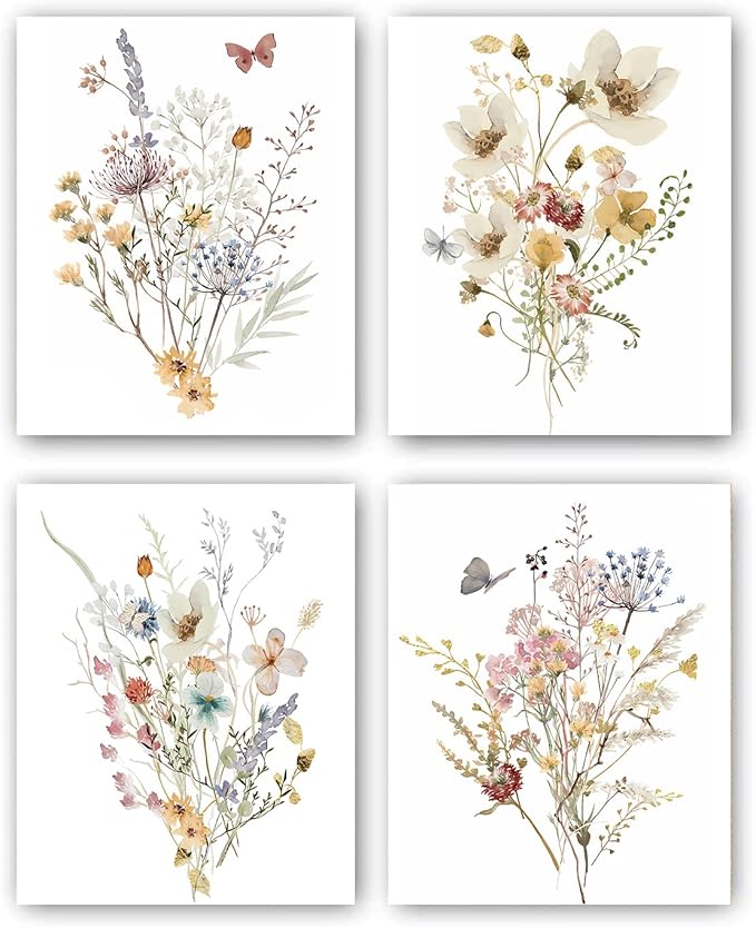 Watercolor Flower Wall Art Poster,Vintage Floral Canvas Wall Art,Botanical Wildflower Wall Decor,Vintage Prints Floral Pictures Minimalist Farmhouse Poster for Room Bedroom(8”X 10”) No Frame