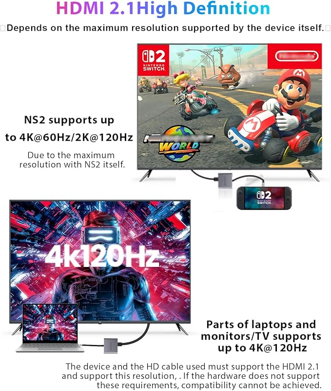 Switch 2 Dock Station with 4K HDMI2.1,USB C to HDMI Adapter for Switch 2&1 Compatible MacBook,Laptops 4K120Hz(Requires Manual Update for NS2'S V21+)