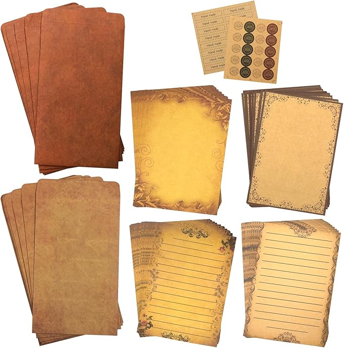 Vintage Stationary Paper + Kraft Envelopes Set with Seal Stickers, 64pcs 4 Patterns 8.3 x 5.7 Writing Stationery Papers + 20pcs 2 Colors 7.9 x 4.7 Letter Envelope + 36pcs 2 Styles Rustic Seals