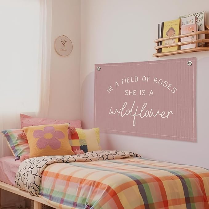 Wildflower Nursery Decor, Girls Room Decor - In a Field Full of Roses She Is a Wildflower Pink Linen Banner Flag for Little Girl Baby Girl