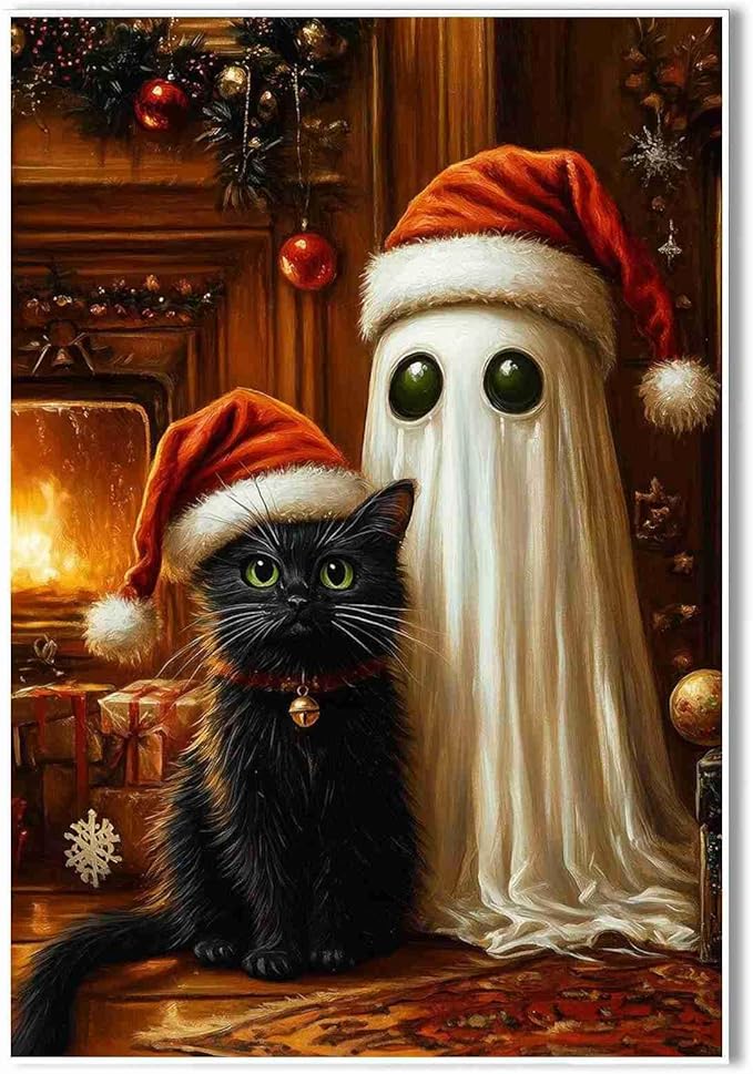 Christmas Pet Canvas Print Ghost and Cat Painting Christmas Cat and Ghost Whimsical Holiday Decor Rural Art print Indoor Decor for Home Living Room Bedroom Pet Lover Bedroom Dining Room farmhouse