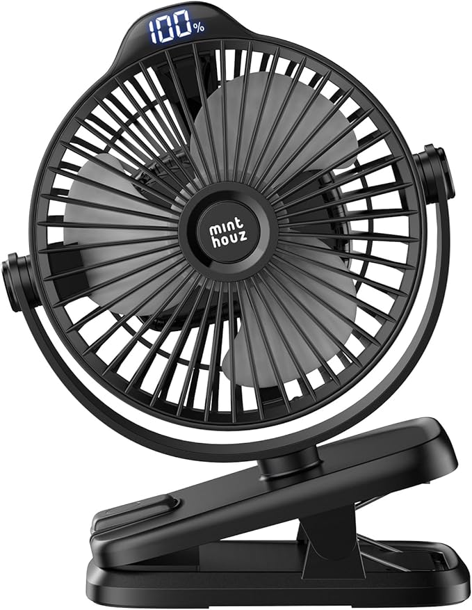 Minthouz Clip on Fan - 720° Rotation Portable Small Fan with LCD Digital Display, 8000mAh Low Noise Desk Fan for Outdoor Camping/Stroller/Home/Office