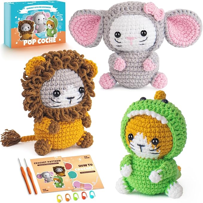 POP COCHE Crochet Kit for Beginners, Crochet Starter Kits for Adults, Amigurumi Craft Knitting Crochet Animal Kit with Step-by-Step Video Tutorials, 3 Grassland Cats (40%+ Yarn)