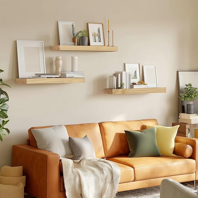 Floating Wall Shelf 16x6.8x1.7 Inch – Solid Wood Shelf in Natural Wood Finish – Wall Mounted Rustic Display Organizer for Bathroom, Kitchen, Bedroom, Small Spaces – Set of 3