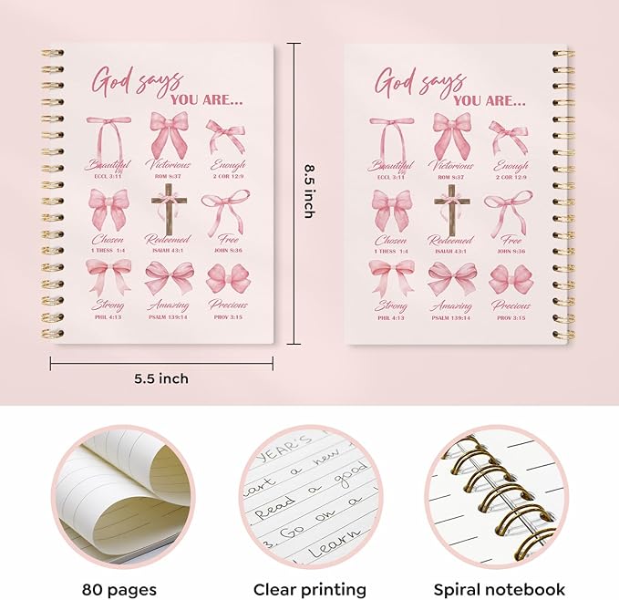 VONTP Coquette Pink Bow Christian Spiral Notebook, God Says You Are Bible Verse Inspirational Journal for Women, Preppy Pink Religious Scripture College Ruled Notebook Journal for Writing, 5.5x8.3