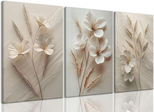 TUEASKY 3 Piece Canvas Wall Art Beige Wall Decor Floral Pictures Flower Art Prints Neutral Botanical Paintings Minimalist Artwork For Bedroom Living Room Office