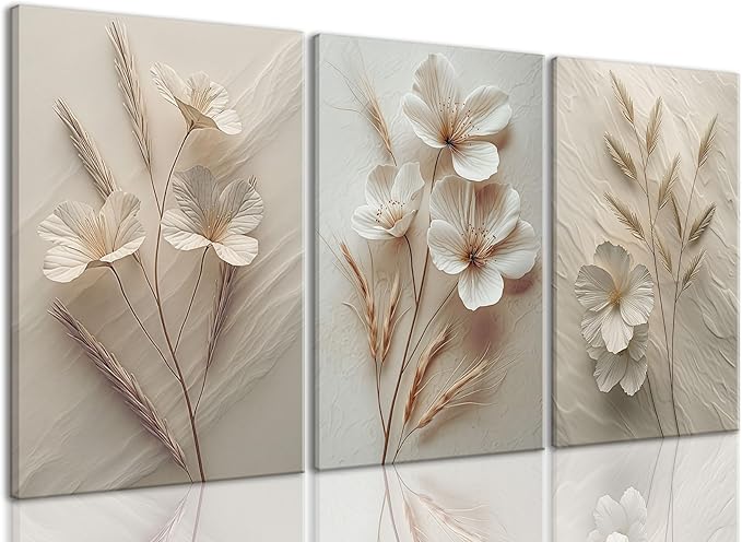 TUEASKY 3 Piece Canvas Wall Art Beige Wall Decor Floral Pictures Flower Art Prints Neutral Botanical Paintings Minimalist Artwork For Bedroom Living Room Office