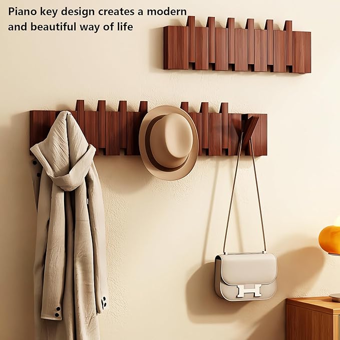 Wall Mounted Coat RackHooks Piano Key Hangers Natural Solid Wood Hanger Non-Woven Fabric Clothes Hangers for Closet, Kitchen, Bedroom, Bathroom, Entryway (Walnut, 4 Hooks)