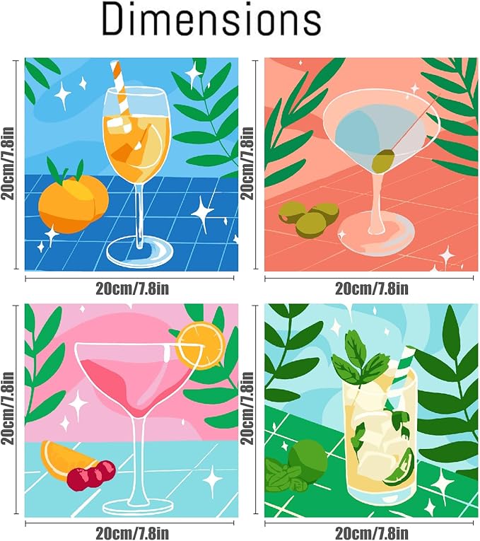 Canrichshop 4 Framed Vintage DIY Paint by Numbers Kit for Adults Beginner,Retro Cocktail Easy Painting by Number with Canvas,Acrylic Paint Kit Arts and Crafts for Adults for Decor 8x8inch