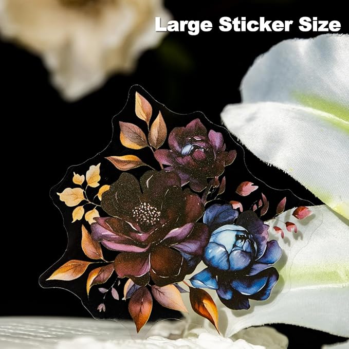 Blooming in The Dark Night PET Stickers, 120 Pcs Gothic Dark Floral Stickers for Scrapbooking, Journaling, Collage Supplies, and DIY Crafts