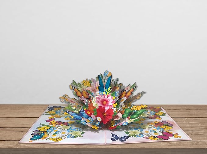 3D Pop-Up Butterfly & Flower Bouquet Greeting Card – Handmade Nature Card for Birthday, Mother’s Day, Anniversary & Special Occasions F49