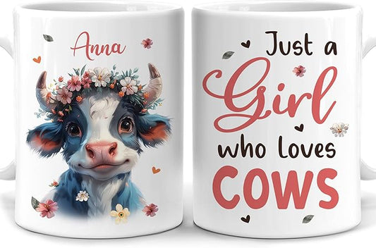 Hyturtle Personalized Cute Cow Mug Gift For Cow Lover - Just A Girl Who Loves Highland Cows - Cow Gift For Women - Gift For Animal Lover - Birthday - Custom Name Coffee Cup Ceramic Mug 11oz - 15oz