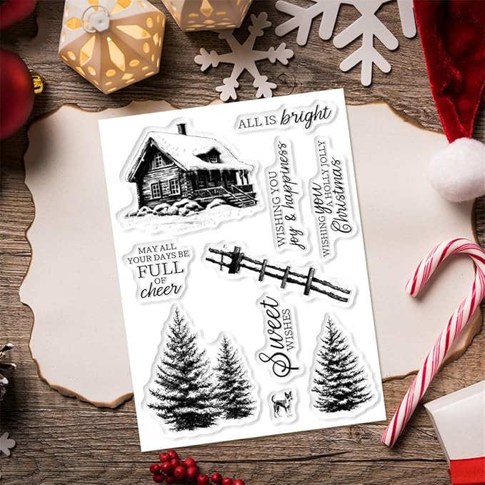 Christmas Snow House Pine Tree Stamps and Cutting Dies for Card Making DIY Transparent Silicone Clear Stamp and Metal Die Cuts Sets for Scrapbooking Paper Greeting Cards Decor Seals Craft Supplies