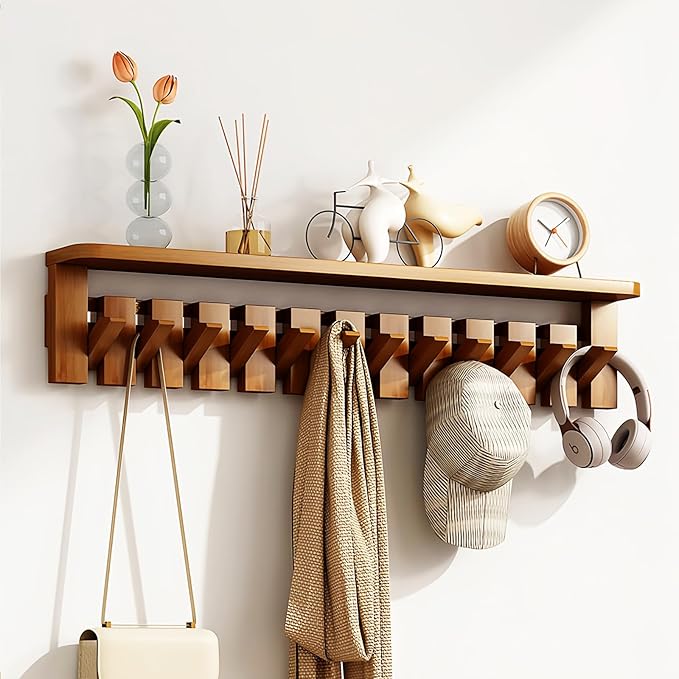 Wall Mounted Coat RackHooks Piano Key Hangers Natural Solid Wood Hanger Non-Woven Fabric Clothes Hangers for Closet, Kitchen, Bedroom, Bathroom, Entryway (Tray-Beech, 8 Hooks)