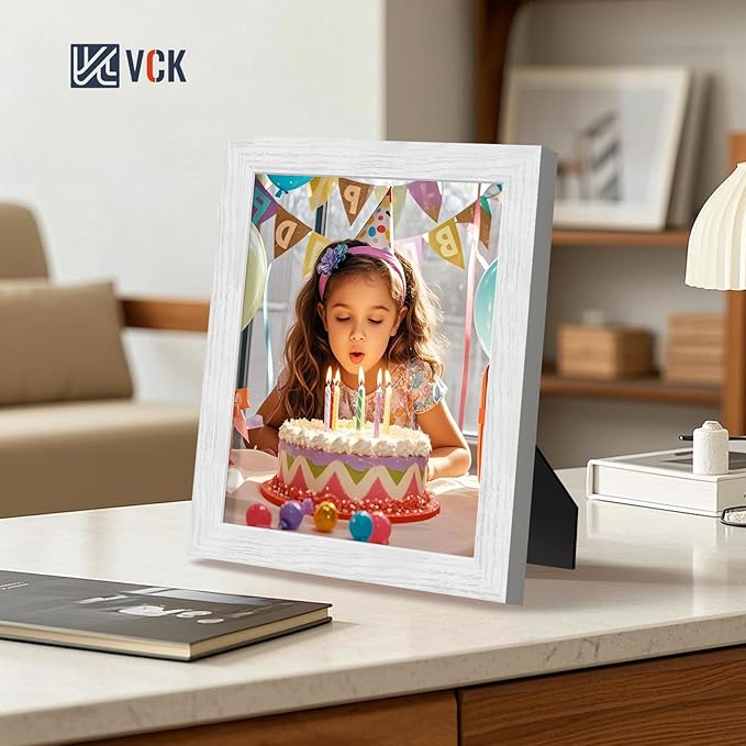 VCK 8x10 Picture Frames White Set of 5, Wide Border Wood, Tempered Glass, Display 5x7 Photo with Mat or 8 x 10 without, for Home, Office, Gallery, Woodgrain Series, Tabletop & Wall Hanging