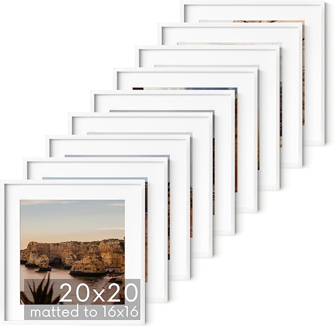 HAUS AND HUES 20x20 White Aluminum Frame Set of 9 - Matted to 16x16, Hanging Hardware, Shatterproof Plexiglass (20x20 in, White)