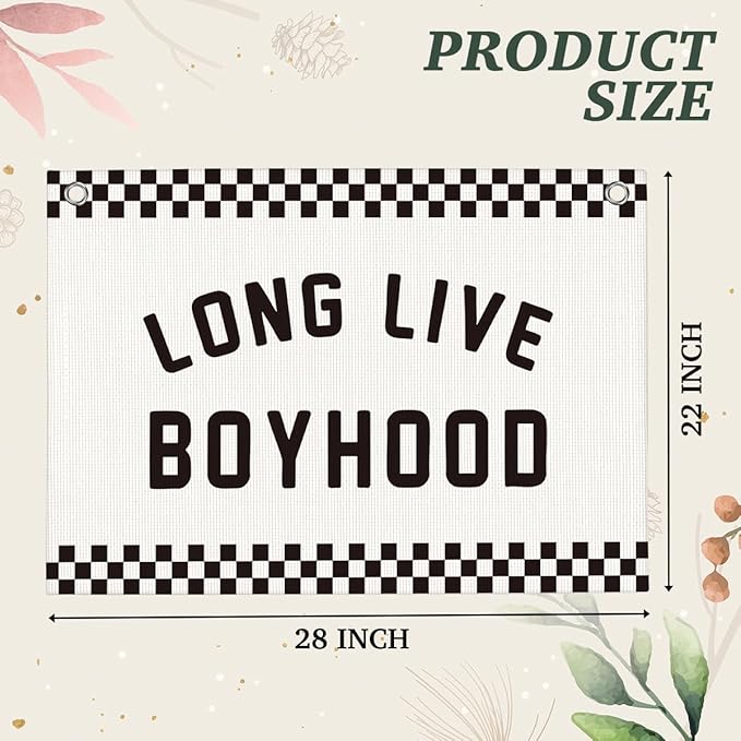 Black and White Checkered Long Live Boyhood Boys Room Playroom Wall Decor Vintage Sports Decor for Nursery Playroom Kids Bedroom Dorm Toddler Decorations 22x28 Inch