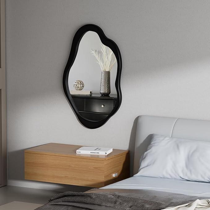 24"x 15" Black Wavy Wall Mirror Wood Frame, Modern Decorative Asymmetrical Mirror for Bedroom, Living Room, Entryway