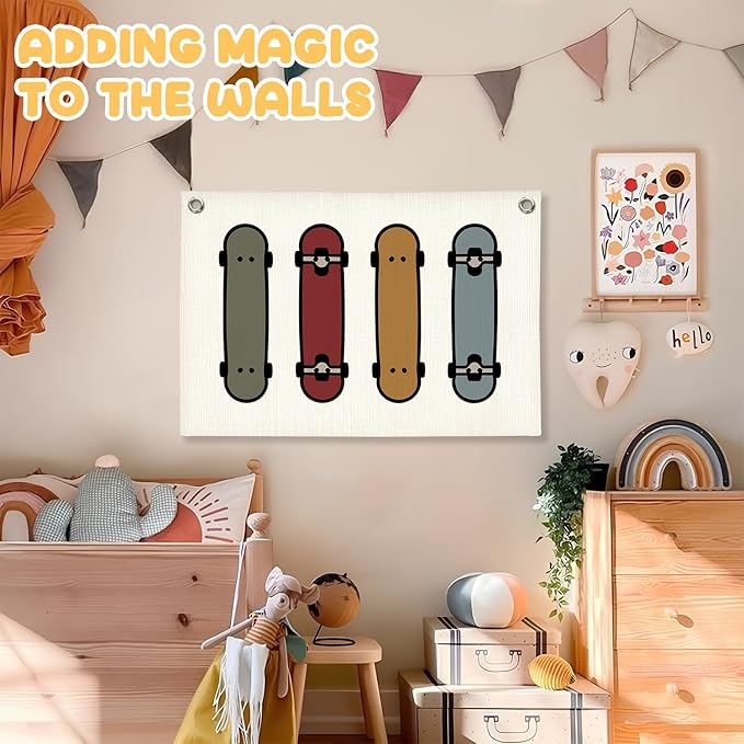 Boys Room Decor, Skateboard Sports Nursery Wall Hanging Canvas Banner Prints, Colorful Skateboard Wall Art Decor for Kids Boys Nursery Toddler Room Bedroom Playroom, 30x20 Inch