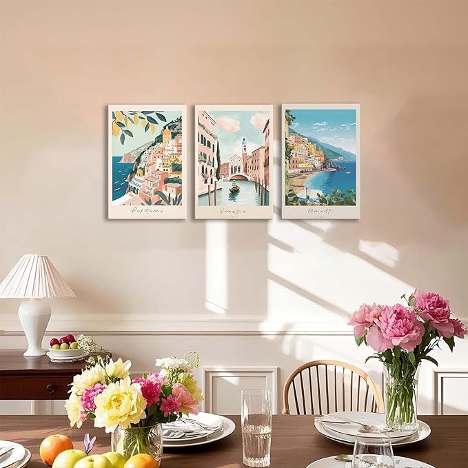 XLARTMY Italy Amalfi Coast Travel Posters Wall Art Framed Canvas Decor City Landscape Blue Venice Coast Painting Beach Modern Artwork for Living Room Bedroom Bathroom Office Set of 3 16x24in