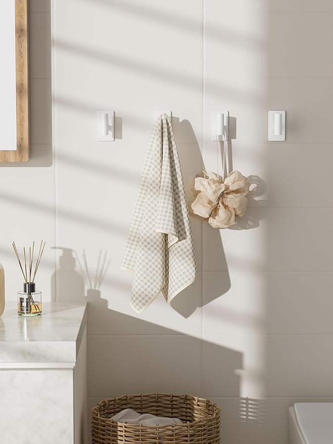 Towel Hooks for Bathrooms – 4 Pack, Smooth White Finish, T-Shaped Stainless Steel Adhesive Wall Hooks for Robes & Towels in Kitchen, Shower, or Closet