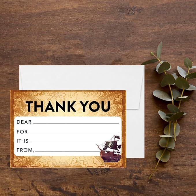 Andaz Press Kids Fill in the Blank Thank You Cards - 20 Cards Including Envelopes Pirate Theme Gender Neutral Note Cards For Boys Girls Birthday Party Thank You Notes for Friends, Family Party Guests