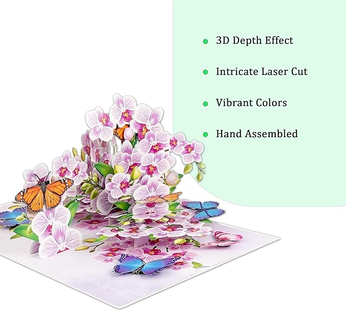 Greeting Card Purple Orchid with Butterflies 3D Pop-Up Cards Handmade Birthday Flower Gift for Women, Mom, Wife, Men 6x8 Inches Aniversary Wedding Christmas Gifts Floral