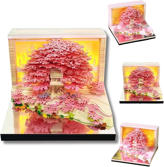 3D Calendar 2026, Flower Sea and Tree Island Time Piece Calendar 2026, Daily Tear-Off Memo Pad with LED Glow, Paper Carving Desktop Decoration, Unique Holiday & New Year Paper Craft Gift, Pink