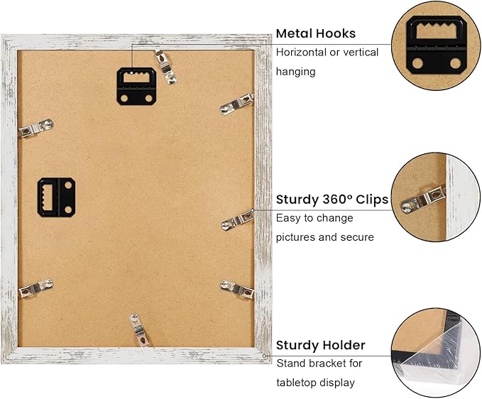 11x14 Picture Frame Set of 9, Photo Gallery Wall Frame Set Display Pictures 8x10 with Mat or 11 x 14 Without Mat, Multi Photo Frames for Wall Mounting or Table Top Display, Distressed White