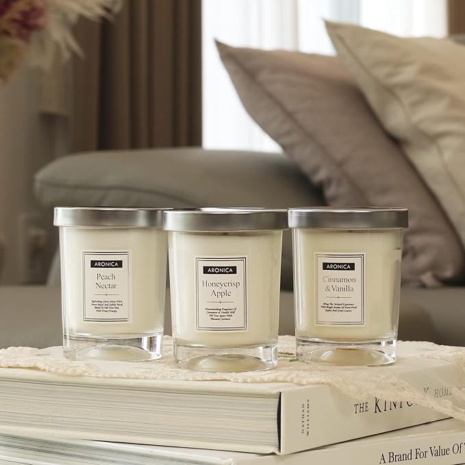 Aronica Fresh Fruity Candles Gift Set - Honeycrisp Apple, Peach Nectar, Cinnamon Vanilla, Cute Hostess Gift Holiday, Nice Christmas Presents for White Elephant