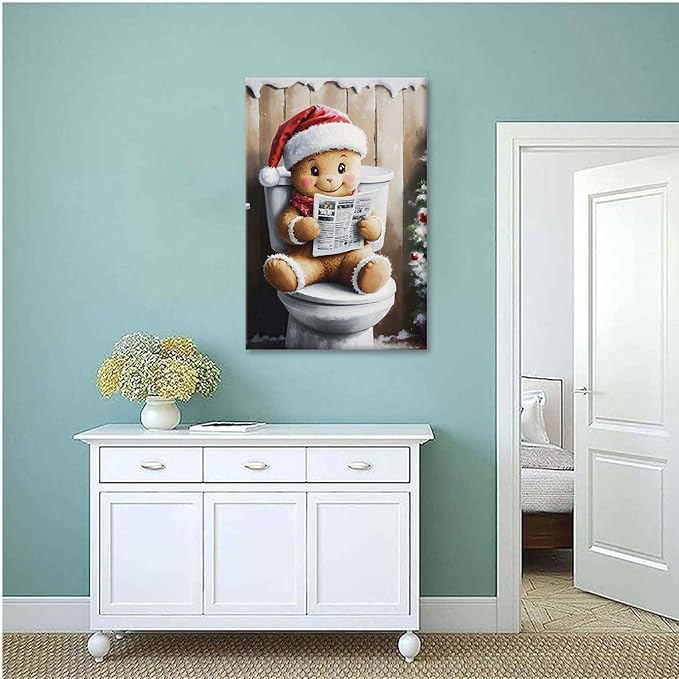 Canvas Wall Art Gingerbread on the Toilet Funny Christmas Poster Bathroom Wall Art Toilet Trendy Christmas Decor 24x36in-UnFramed