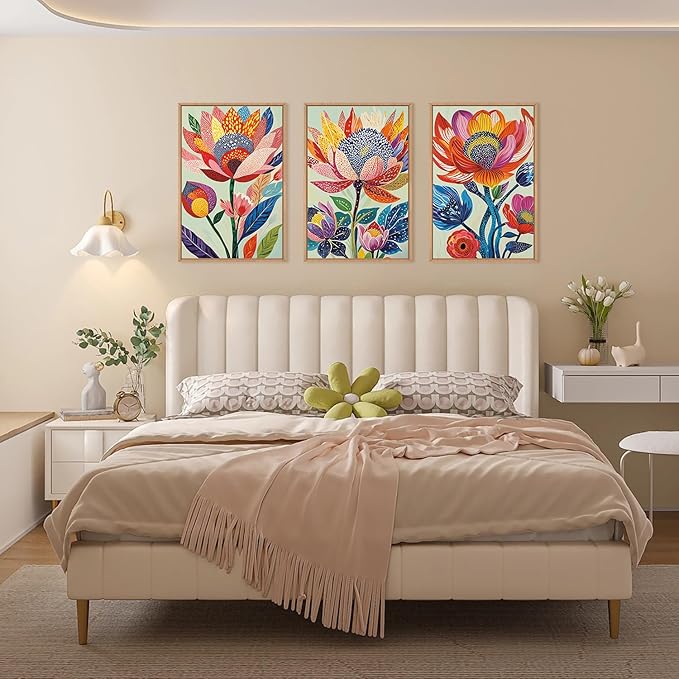 HPINUB Abstract Botanical Floral Framed Canvas Wall Art Set,Colorful Dot Art Modern Flower Wall Decor,Vibrant Blooming Flowers Artwork Eye-Catching Boho Art Print for Living Room,Bedroom-16 x24 x3
