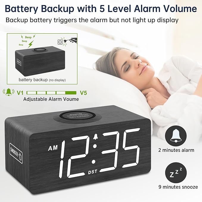 DreamSky Wooden Digital Alarm Clock with Wireless Charging for Bedroom, Bedside Nightstand Clock with Charger Station, USB Port, Large Numbers, Adjustable Volume, Brightness Dimmer, DST