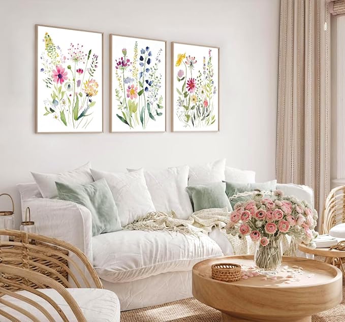 Colorful Wildflower Botanical Canvas Wall Art,Watercolor Flowers Art Poster, Floral Pictures Wall Decor,(8"x10"x3 pcs, Unframed). Painting Artsy Room Decorations for Bedroom Bathroom