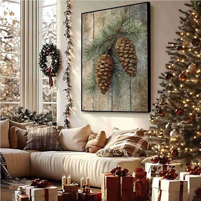 Vintage Christmas Canvas Painting Botanical Wall Art Nature Print Forest Decor Rustic Woodland Poste Holiday Evergreen Art Country Landscape Indoor Decor for Office Living Room Framed Ready to Hang
