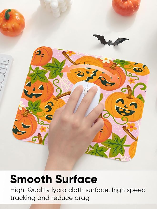 Seorsok Halloween Funny Pumpkin Mouse Mat,Greenery Decor Mouse Pads for Office Laptop,Washable Square Cute Mousepads with Extended Stitched Edges Non Slip Rubber Base 9.5"x7.8"x0.12" Inch,Pink