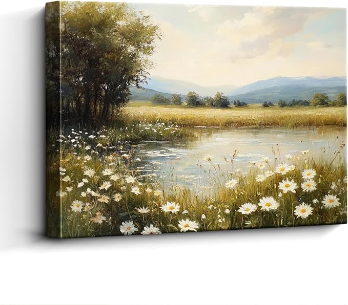 WOXZQ Rustic Lake Meadow Wall Art – 15x12 Inch Countryside Landscape Print with Wildflowers – Frameless Laminated Paper for Living Room, Bedroom, or Office – Hanging & Tabletop Display
