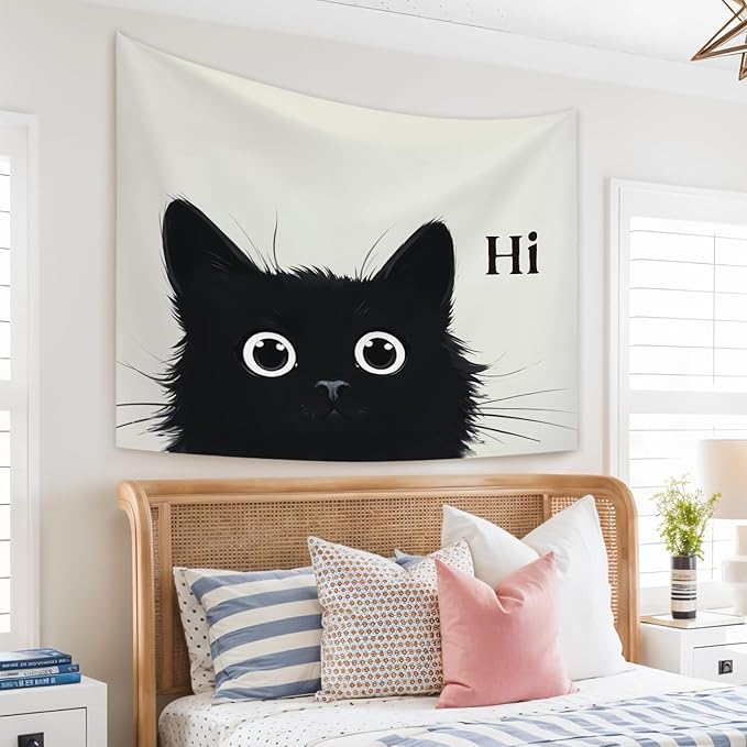 STHTTSW Black Cat Tapestry, Cute Cat Tapestries Wall Blanket, Cat Animal Lover Gifts Wall Hanging Decor for Dorm Home Living Room Bedroom Nursery, 50x60 Inch