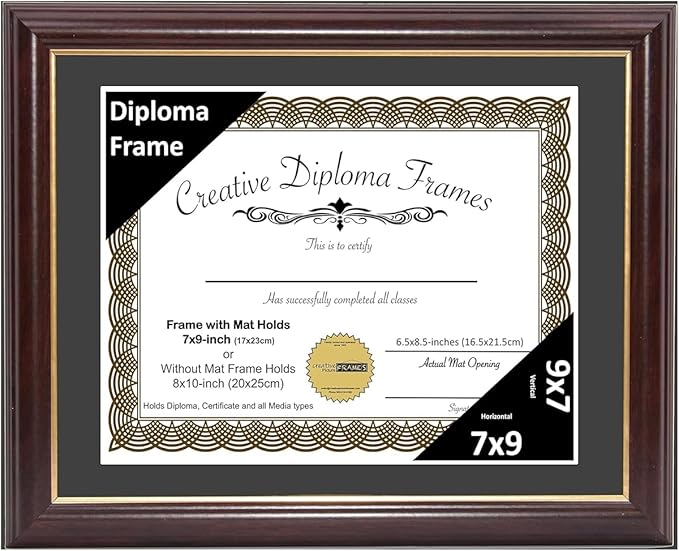 Creative Picture Frames 7x9 Mahogany Gold Rim Diploma Frame with Black Mat Glass Easel and Installed Wall Hangers | Frame Holds 8x10 Media without Mat